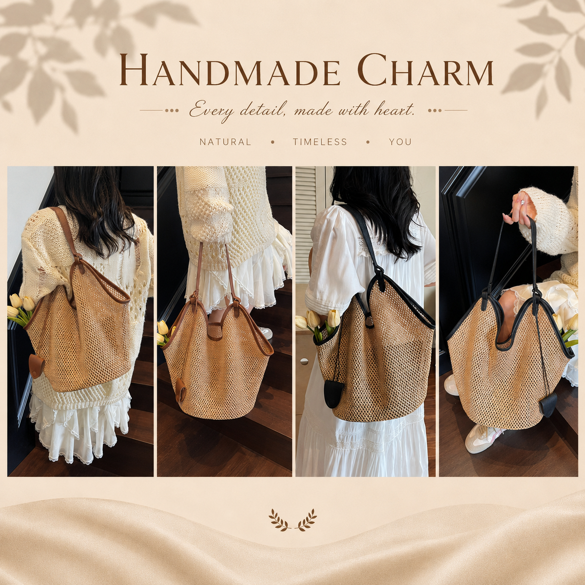 French-Inspired Large Woven Straw Tote Bag Set with PU Pouch