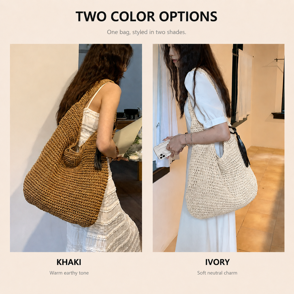 Woven Straw Beach Tote Bag with Tassel