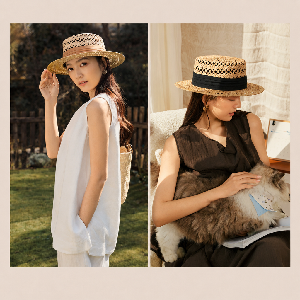 Open-Weave Straw Boater Hat with Ribbon