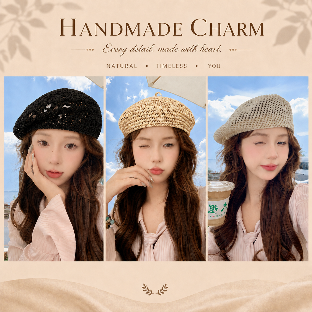 Women's Large-Fit Openwork Crochet Straw Beret – Artist Hat