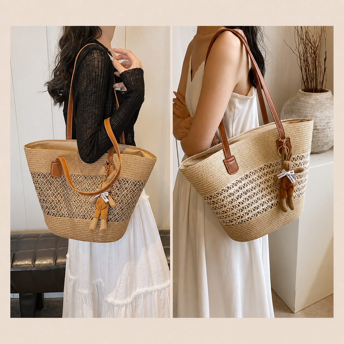 French-Inspired Woven Beach Tote Bag with Bunny Charm