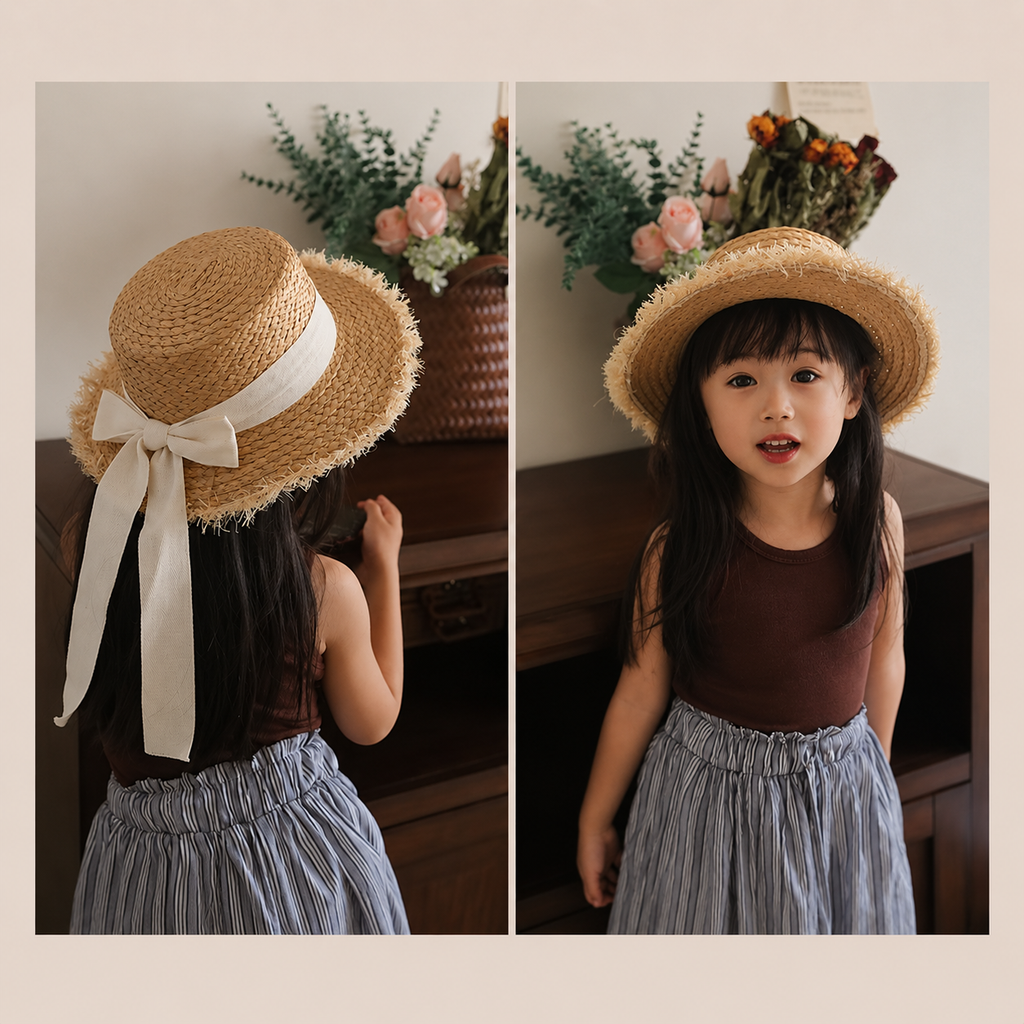 Girls' Raffia Straw Sun Hat with Frayed Brim and Bow