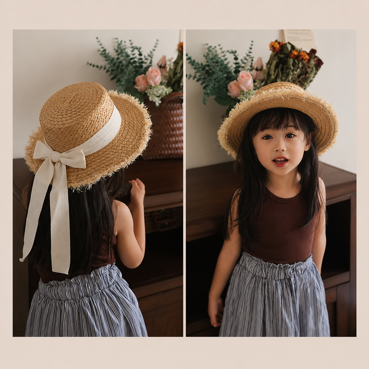 Girls' Raffia Straw Sun Hat with Frayed Brim and Bow