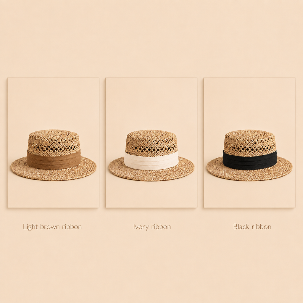 Open-Weave Straw Boater Hat with Ribbon