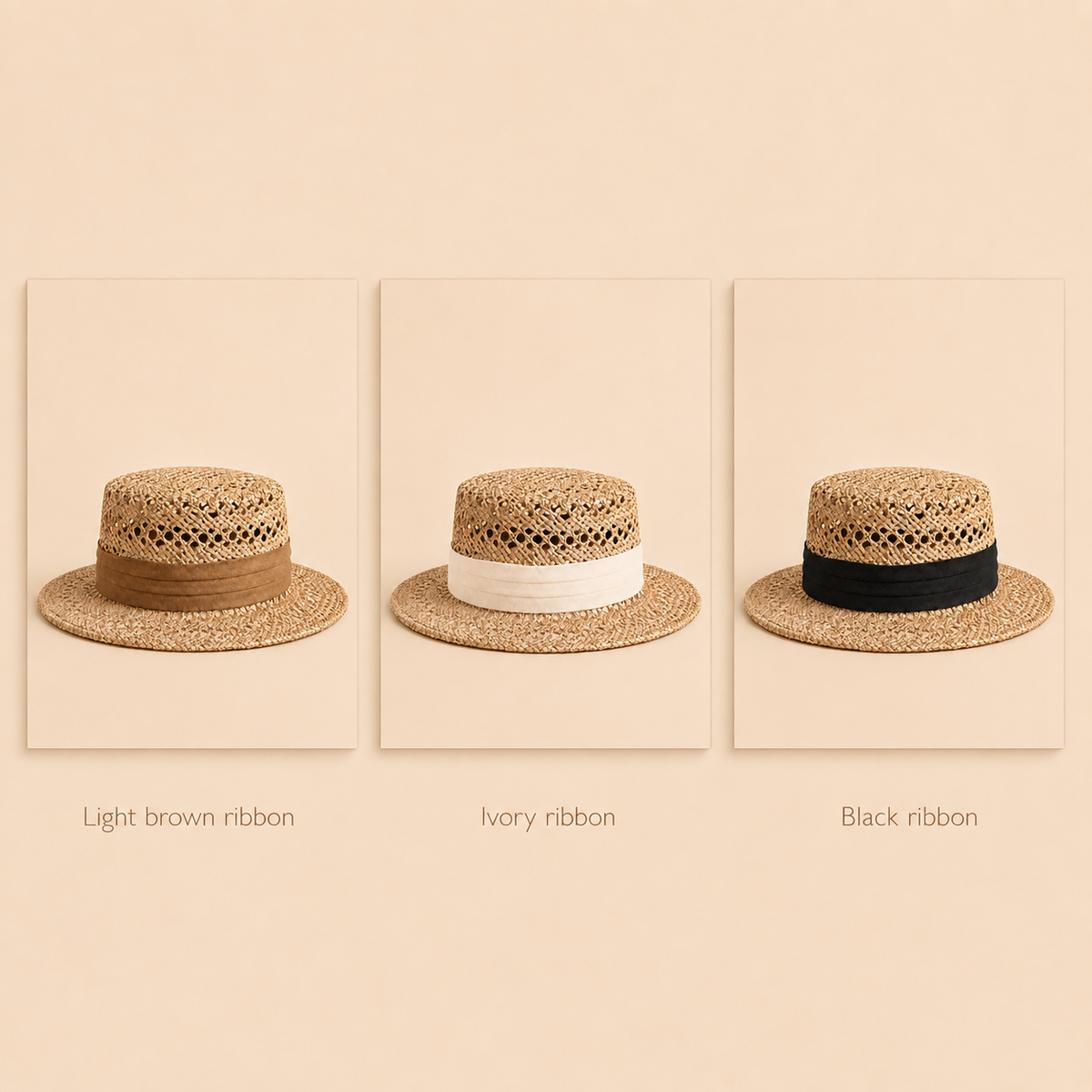Open-Weave Straw Boater Hat with Ribbon