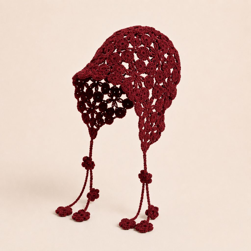 Hand-Crocheted Openwork Floral Tassel Bonnet