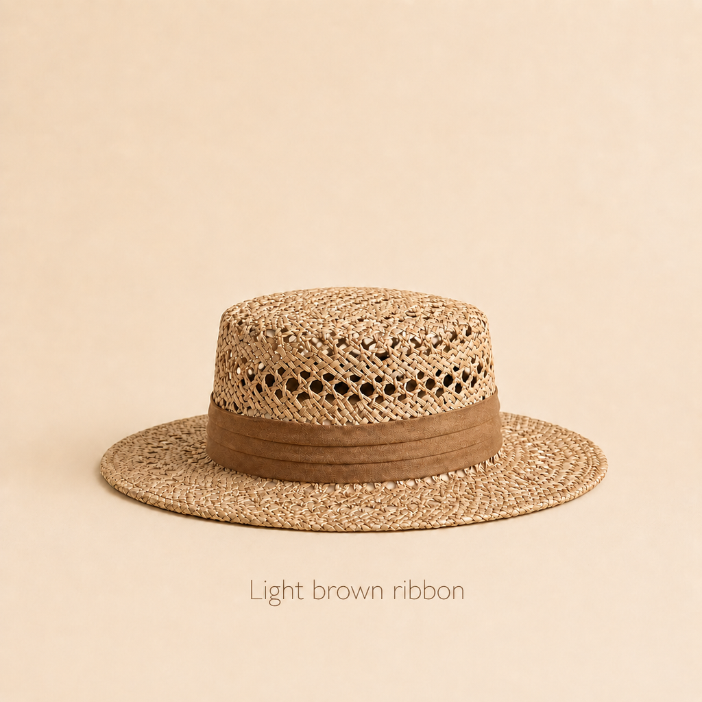 Open-Weave Straw Boater Hat with Ribbon