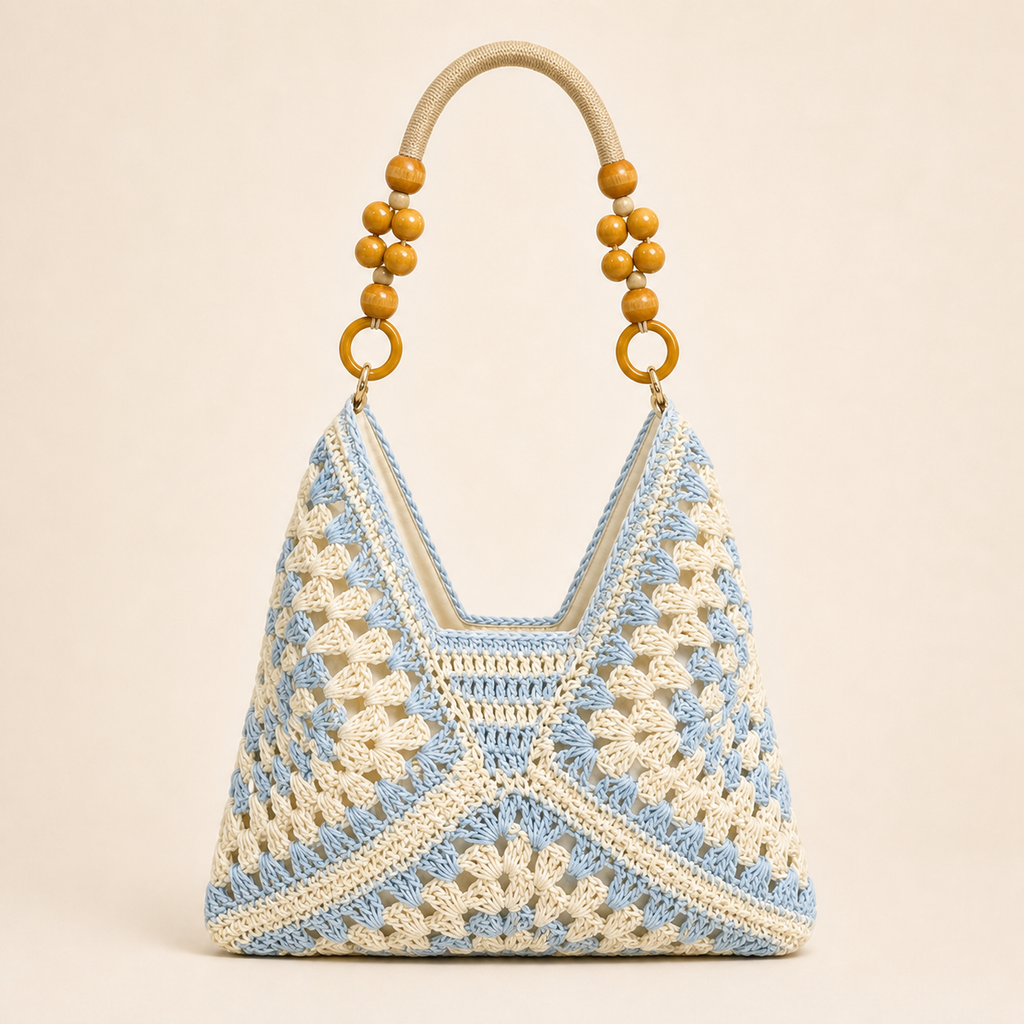 Handwoven Paper Yarn Hobo Bag with Wooden Bead Handle