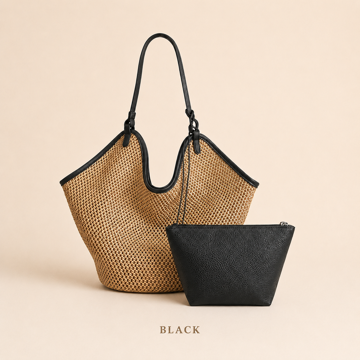 French-Inspired Large Woven Straw Tote Bag Set with PU Pouch