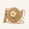 Khaki handwoven floral straw crossbody bag