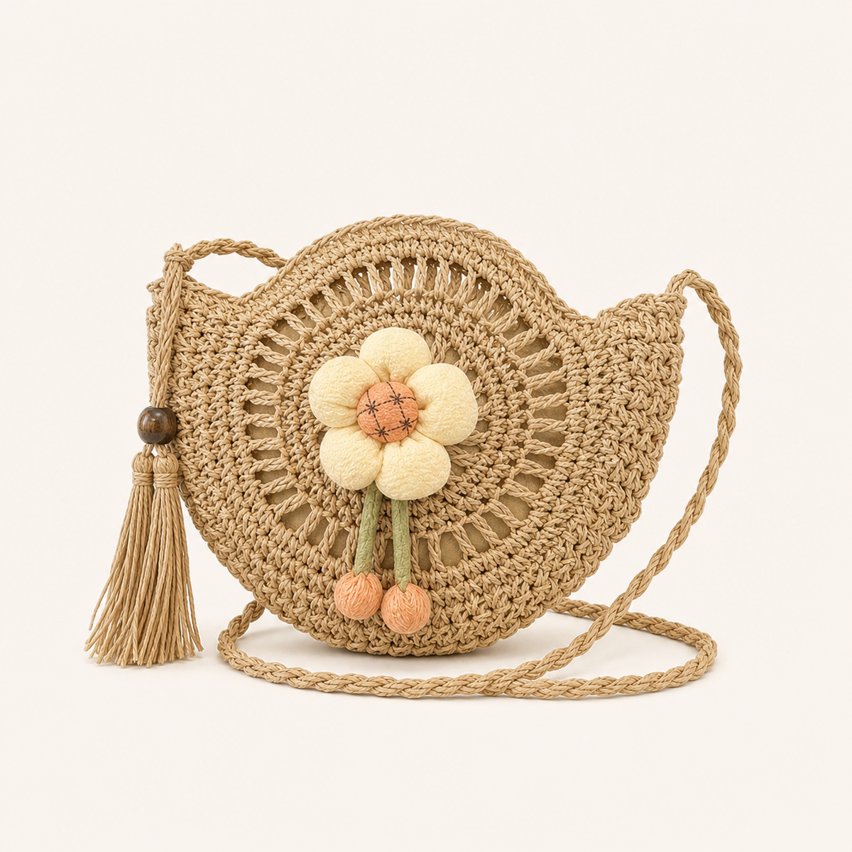 Khaki handwoven floral straw crossbody bag