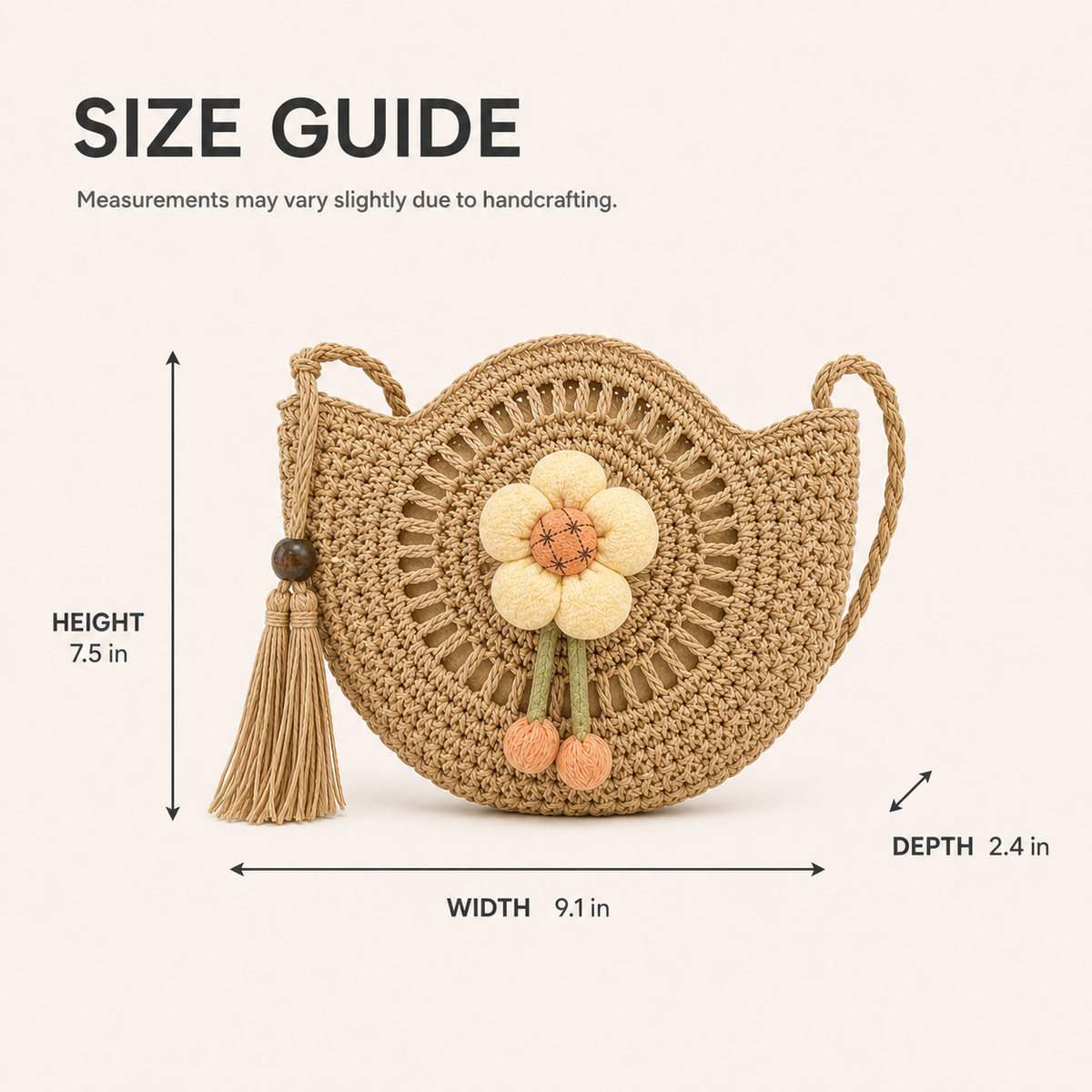 Size guide for handwoven floral crossbody bag