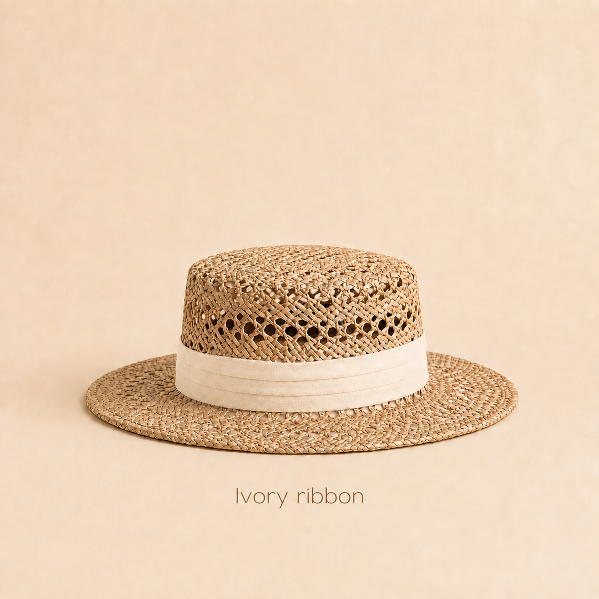 Open-Weave Straw Boater Hat with Ribbon