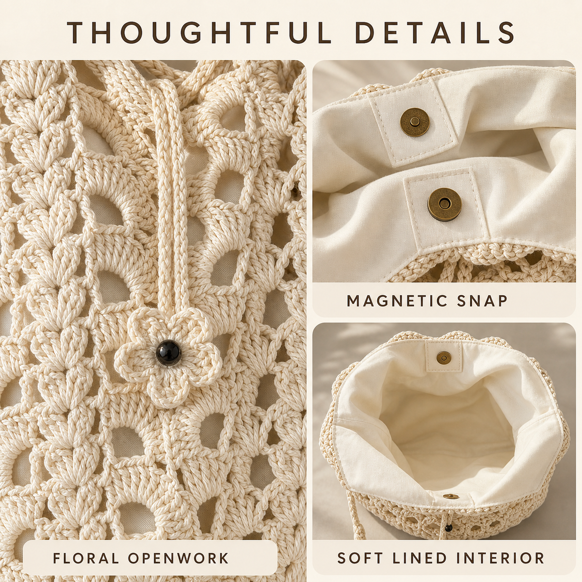 Crochet Floral Cotton-Linen Tote Bag