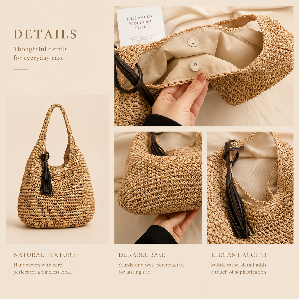 Woven Straw Beach Tote Bag with Tassel