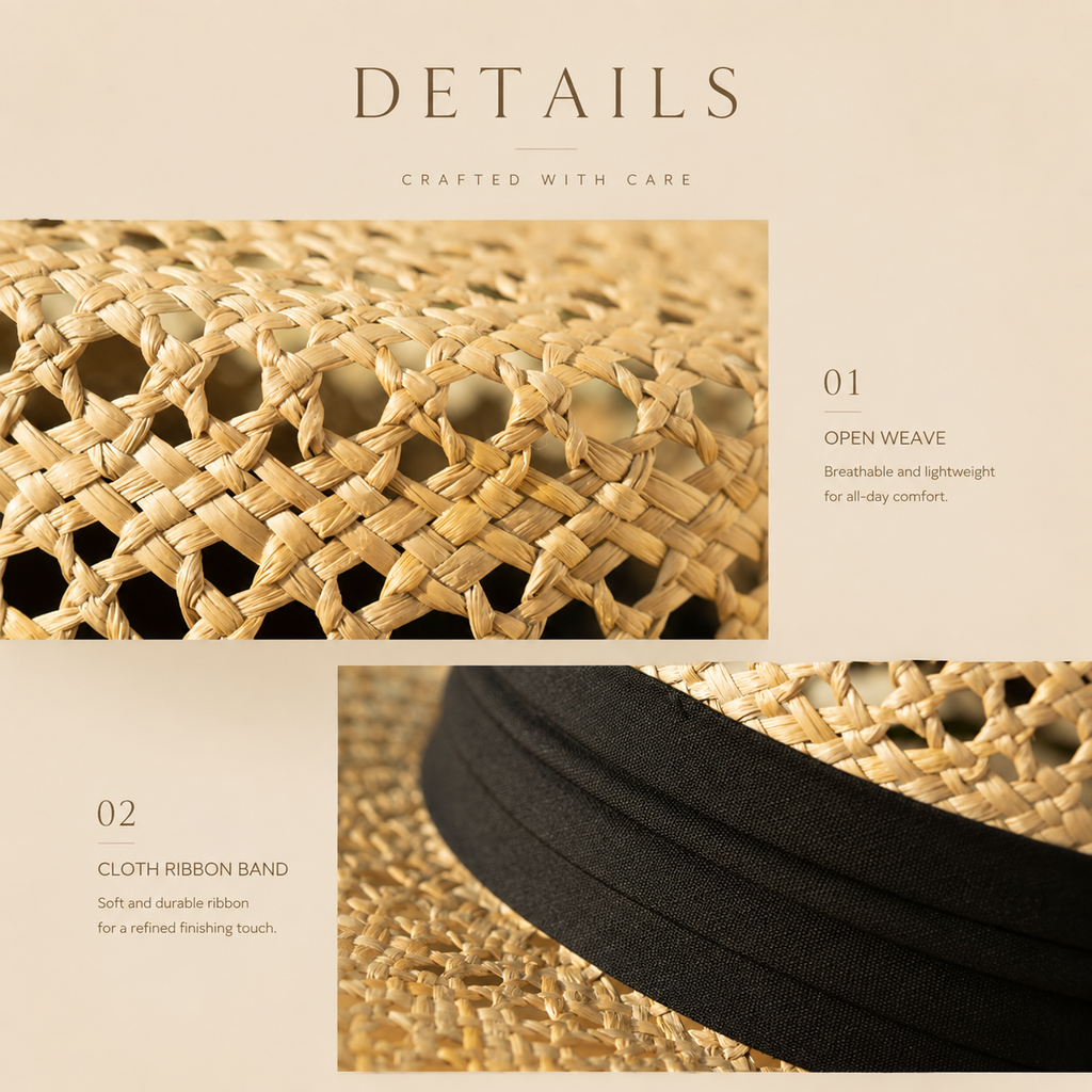 Open-Weave Straw Boater Hat with Ribbon