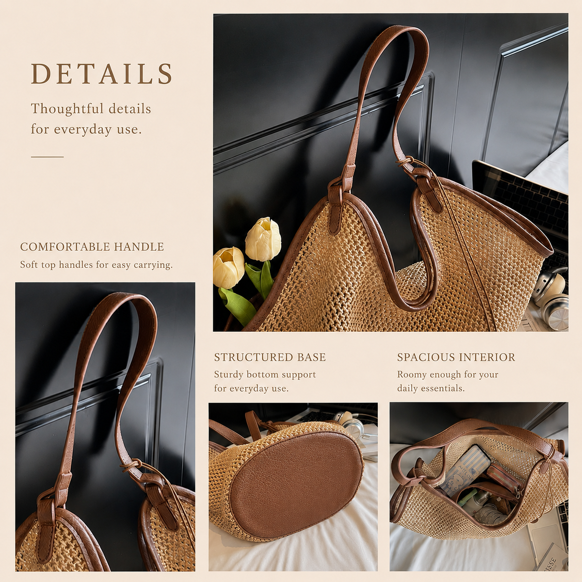 French-Inspired Large Woven Straw Tote Bag Set with PU Pouch