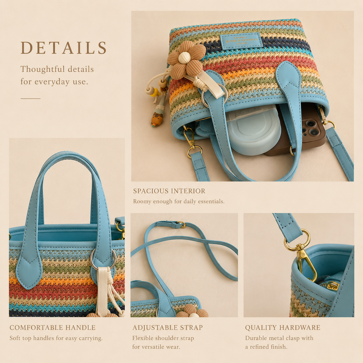 Woven mini tote crossbody bag interior with phone, case and small essentials