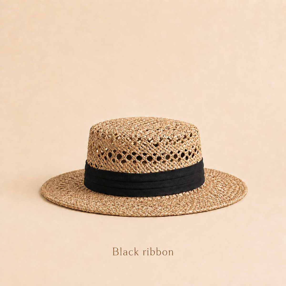 Open-Weave Straw Boater Hat with Ribbon