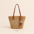 French-Inspired Woven Beach Tote Bag with Bunny Charm