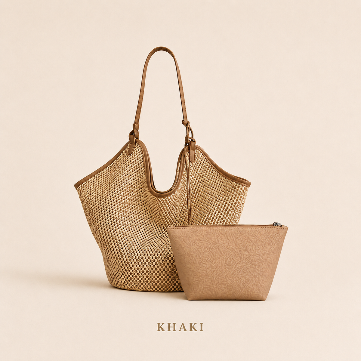 French-Inspired Large Woven Straw Tote Bag Set with PU Pouch