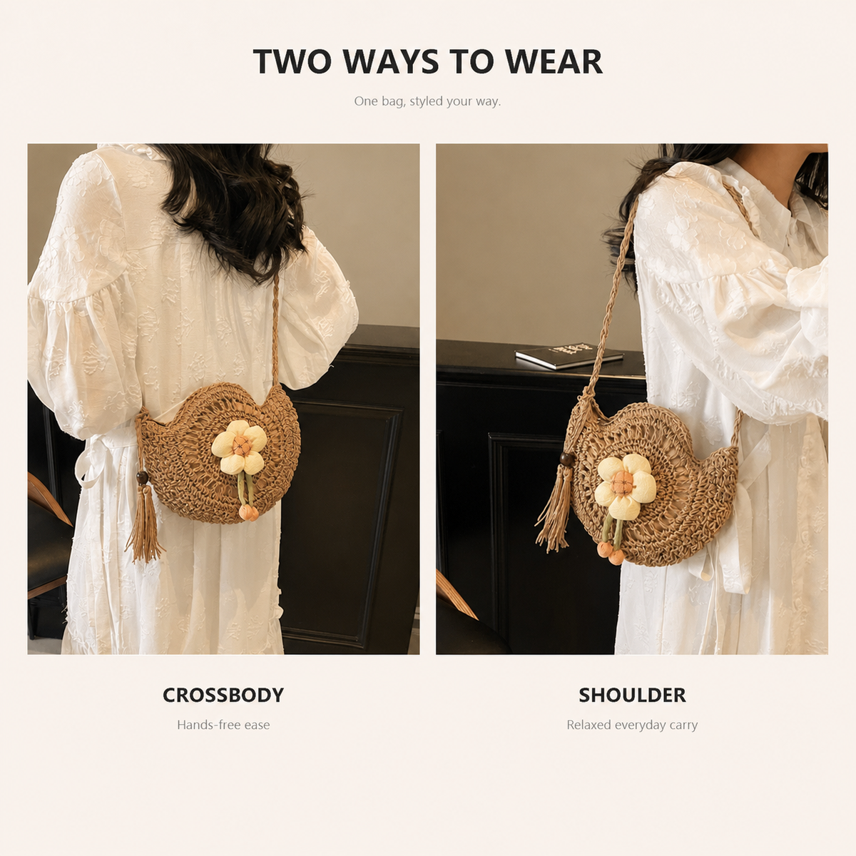 Khaki and ivory floral straw bag colour options