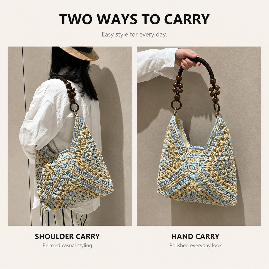 Handwoven Paper Yarn Hobo Bag with Wooden Bead Handle