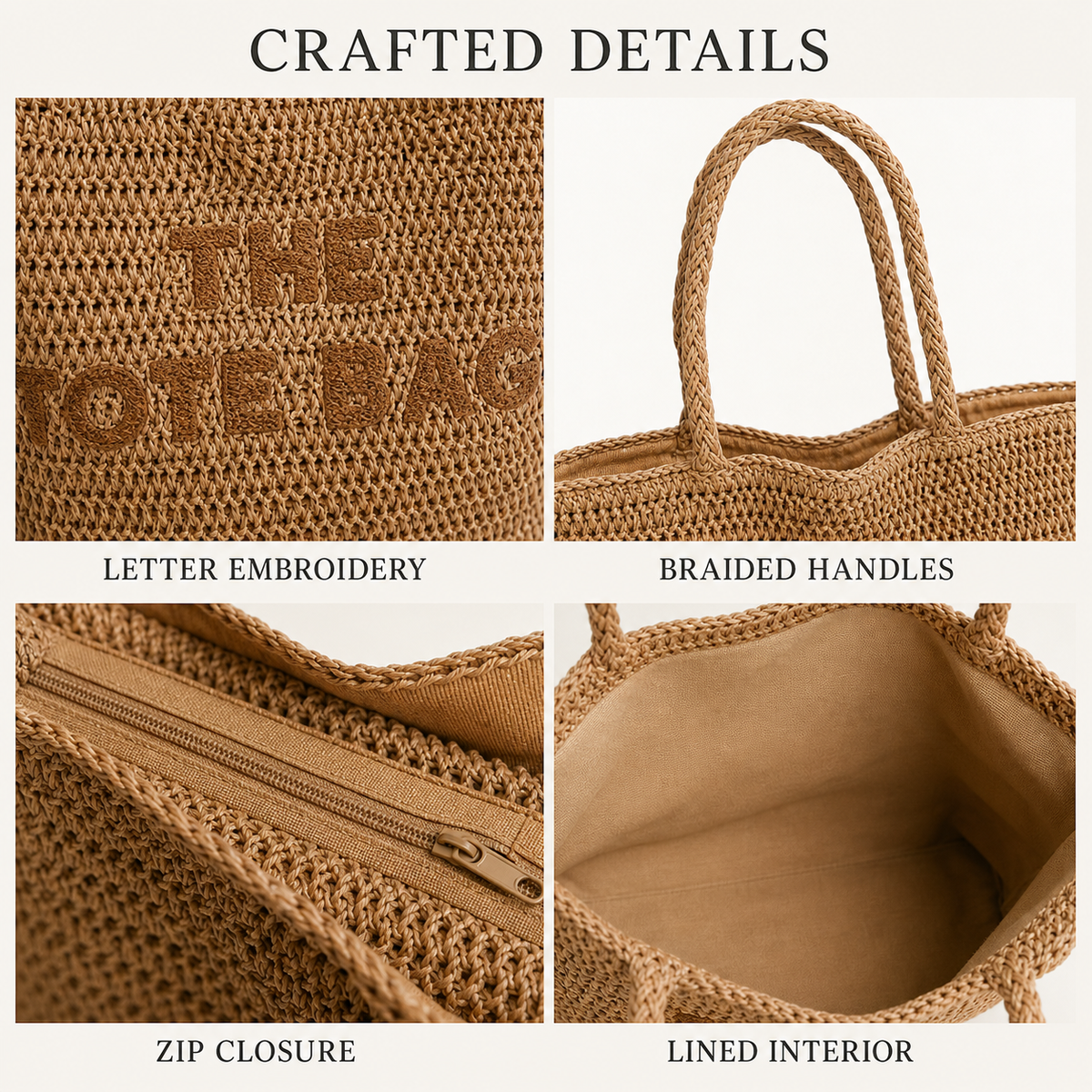Women’s Large Woven Paper Straw Tote Bag with Zipper