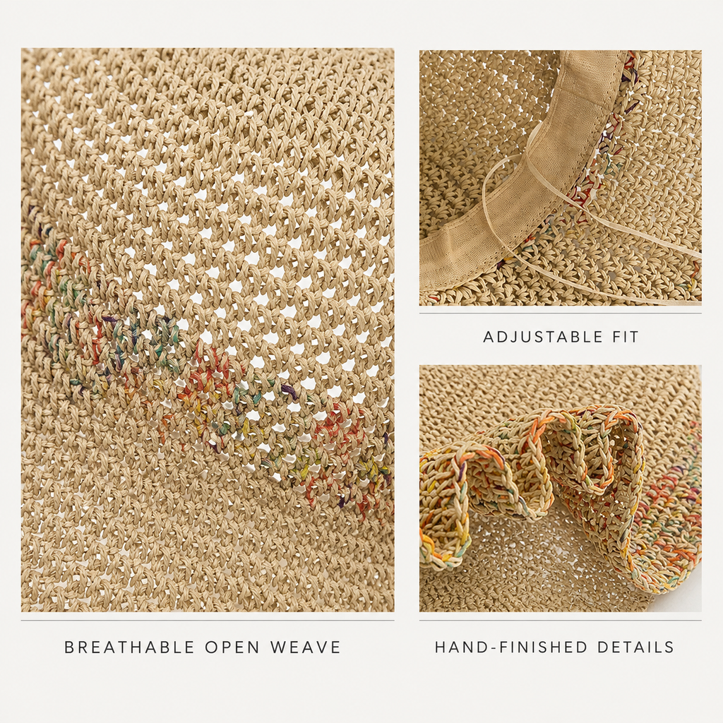Women’s Colorful Open-Weave Wide Brim Straw Sun Hat