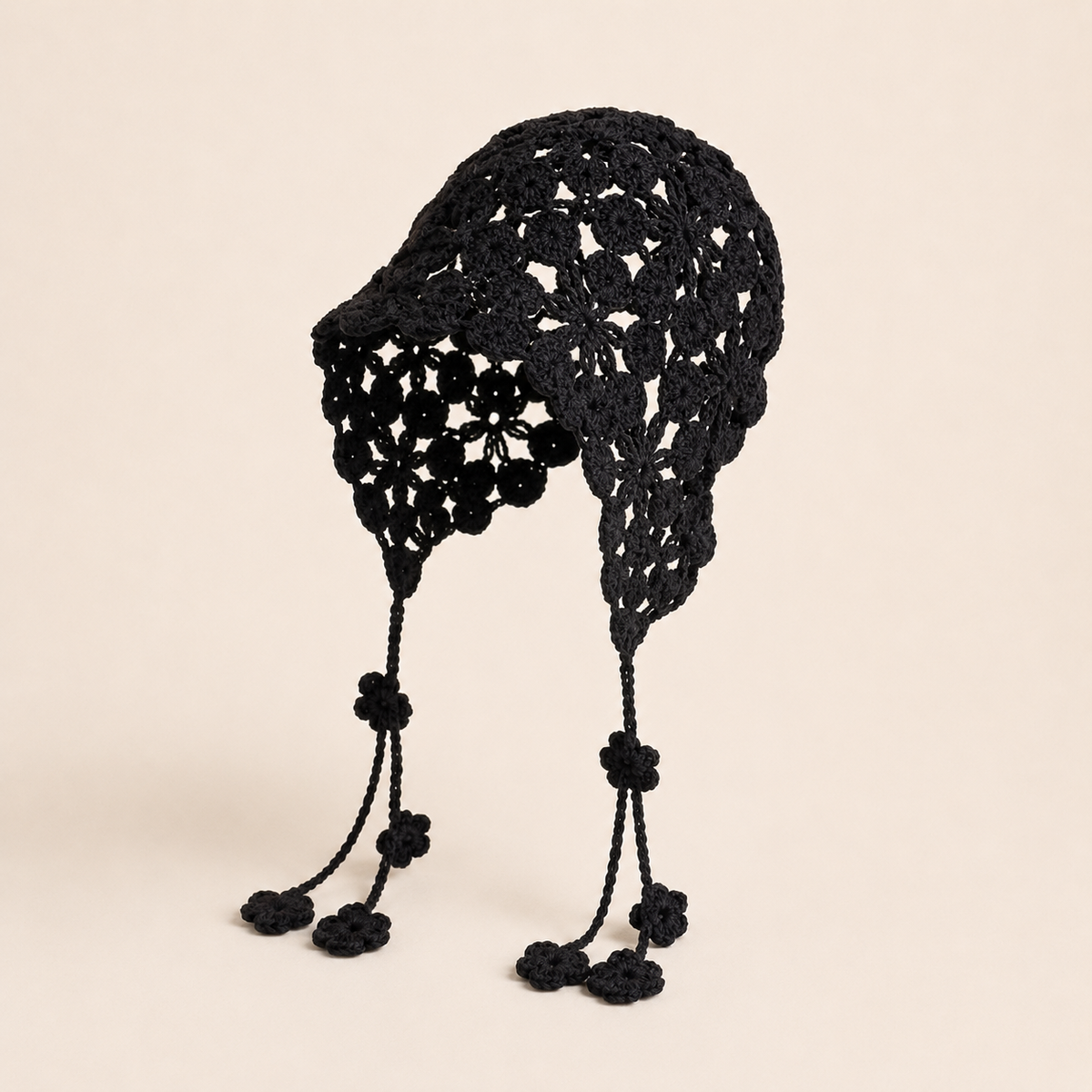 Hand-Crocheted Openwork Floral Tassel Bonnet
