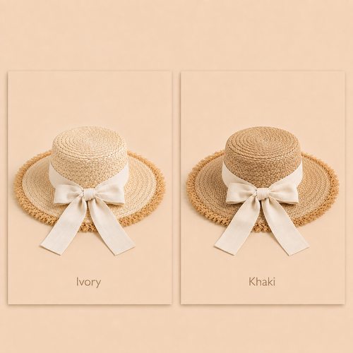 Girls' Raffia Straw Sun Hat with Frayed Brim and Bow