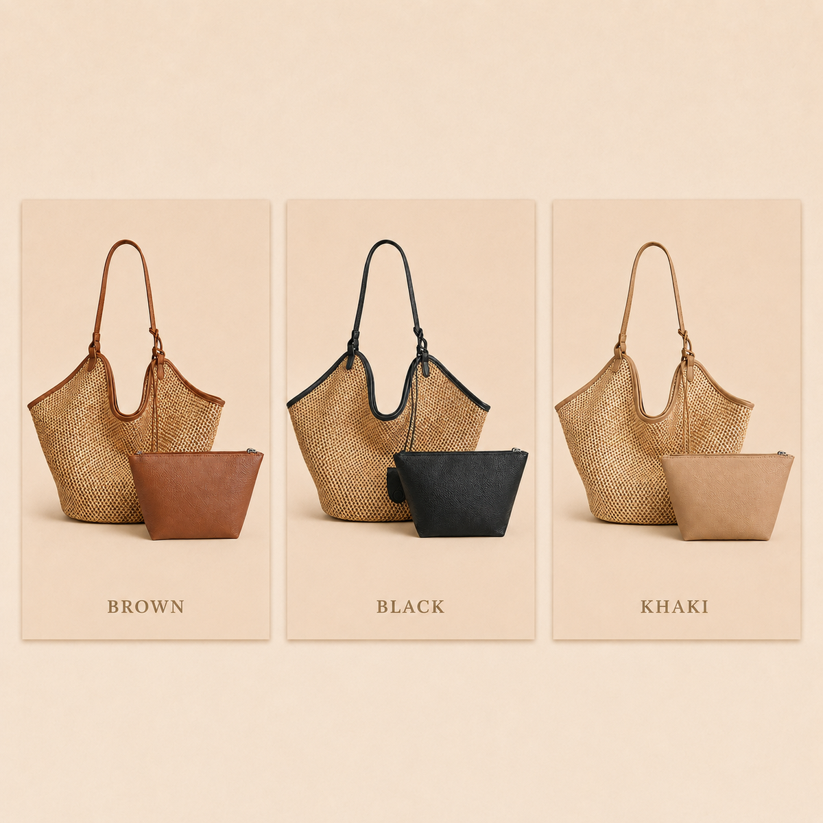 French-Inspired Large Woven Straw Tote Bag Set with PU Pouch