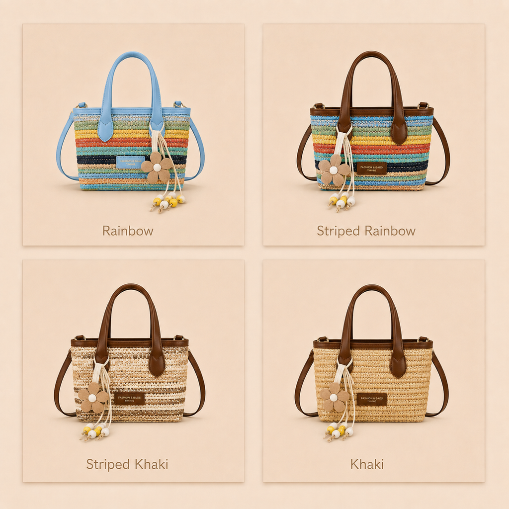 Woven mini tote crossbody bag shown in four color options