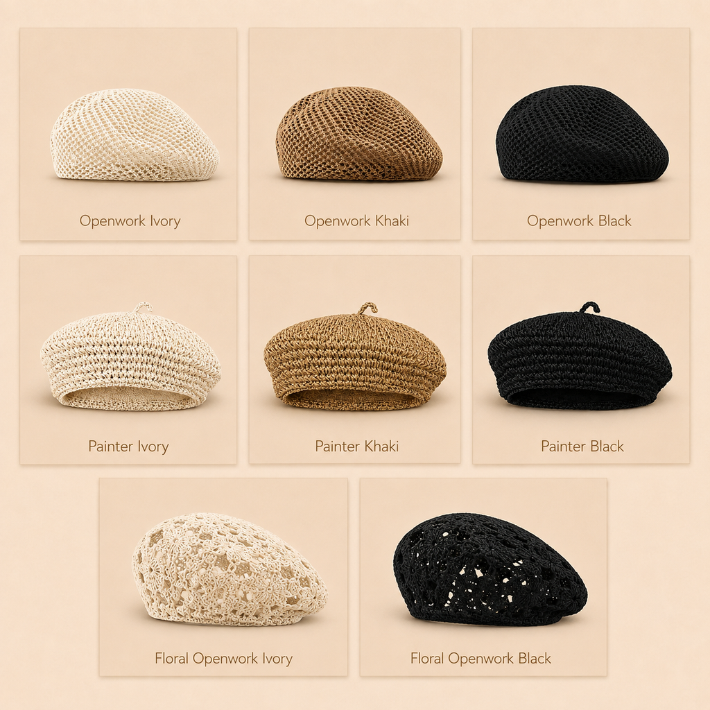 Women's Large-Fit Openwork Crochet Straw Beret – Artist Hat