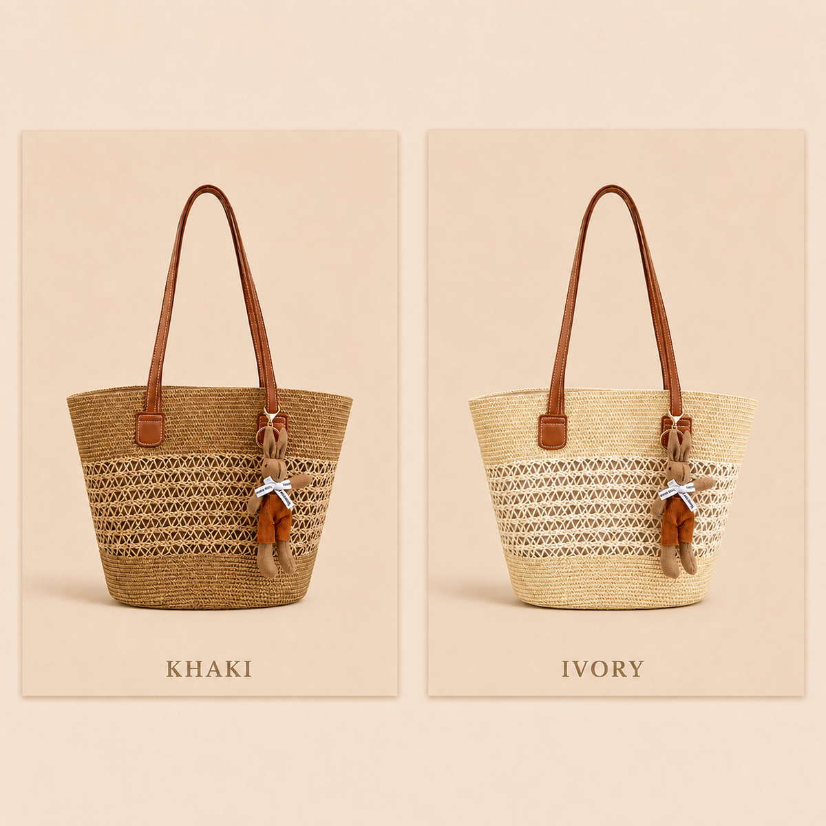 French-Inspired Woven Beach Tote Bag with Bunny Charm