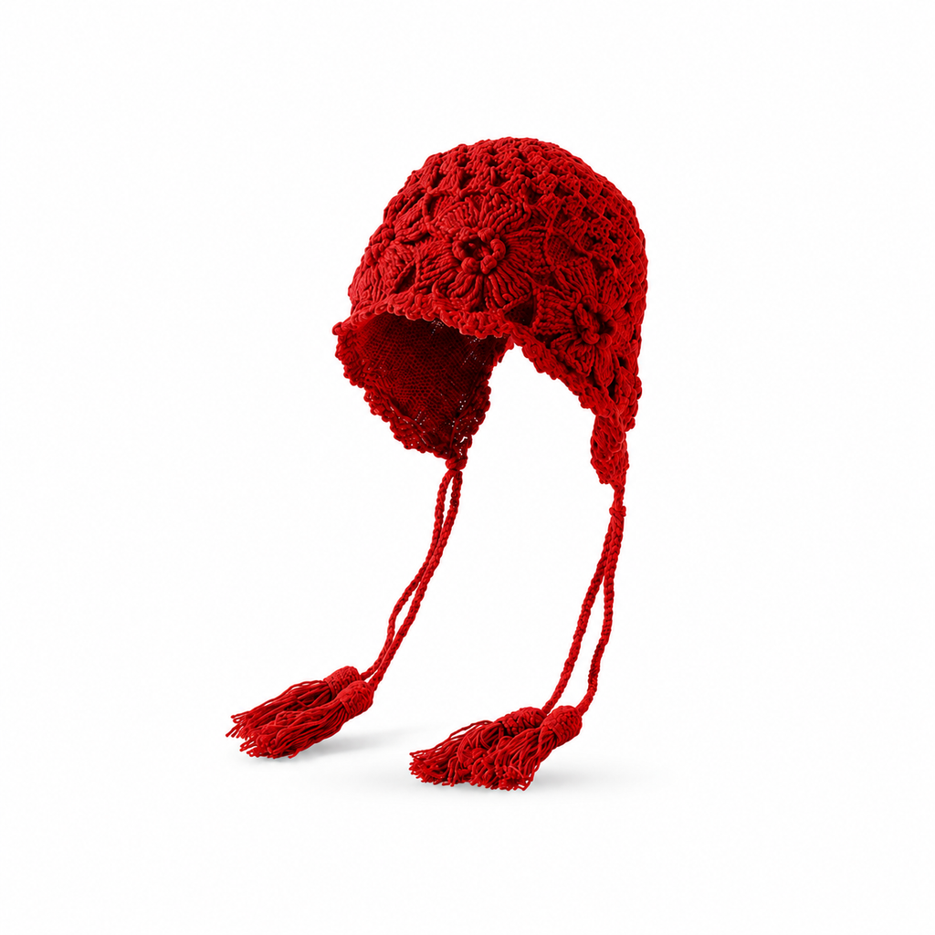 Women's Double-Layer Floral Crochet Bonnet with Tassel Ties