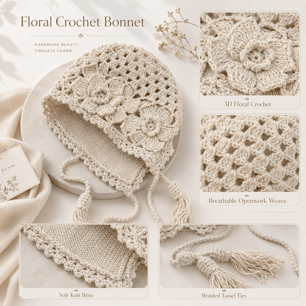 Women's Double-Layer Floral Crochet Bonnet with Tassel Ties