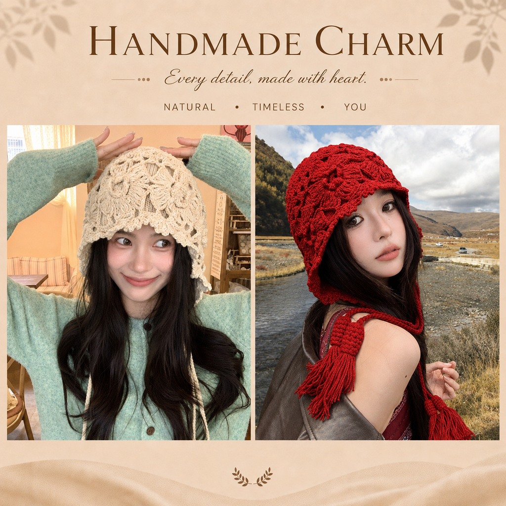 Women's Double-Layer Floral Crochet Bonnet with Tassel Ties