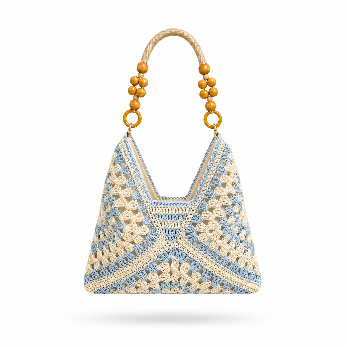 Handwoven Paper Yarn Hobo Bag with Wooden Bead Handle