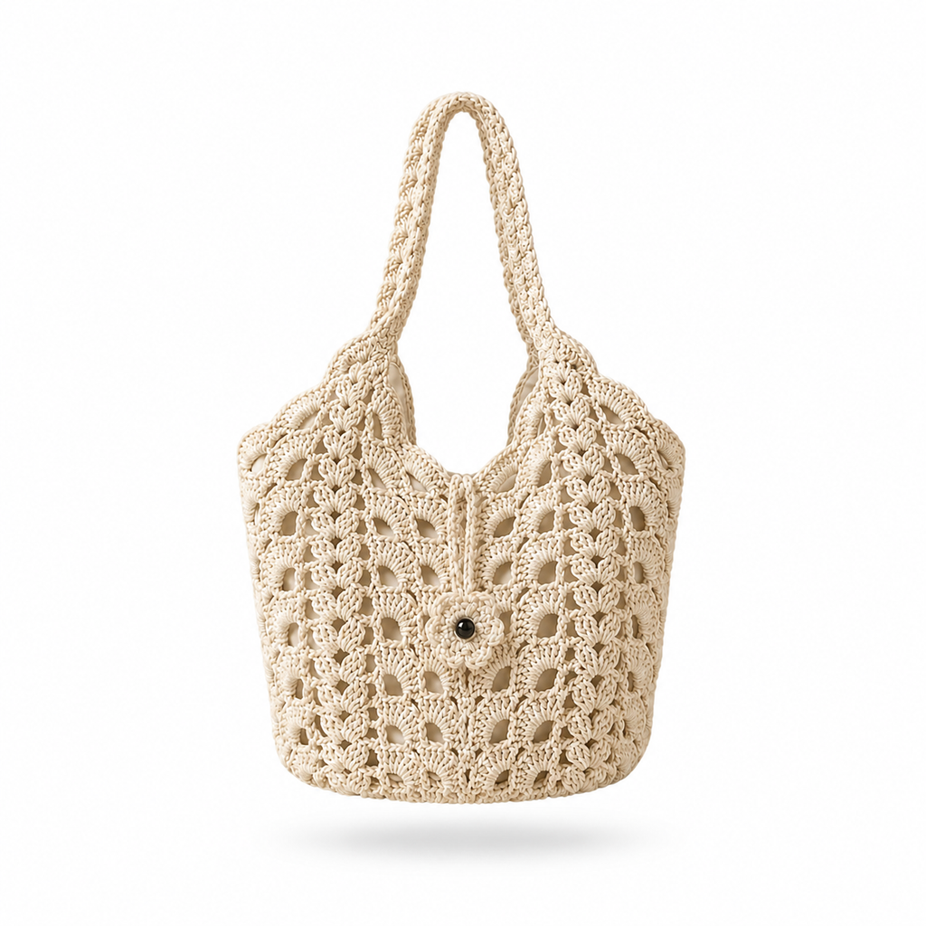 Crochet Floral Cotton-Linen Tote Bag