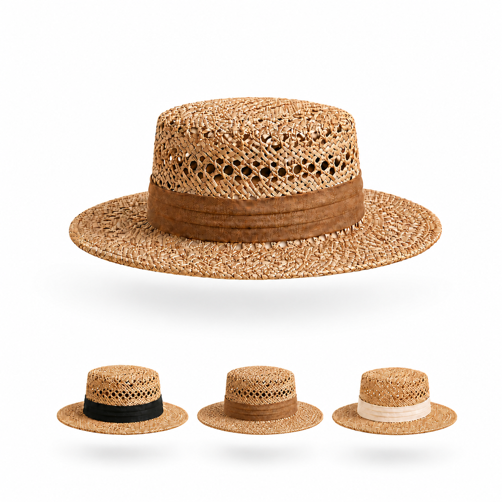 Open-Weave Straw Boater Hat with Ribbon
