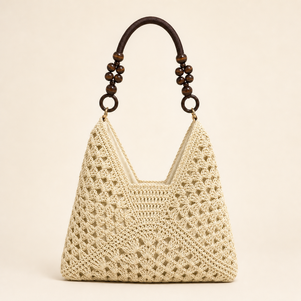 Handwoven Paper Yarn Hobo Bag with Wooden Bead Handle