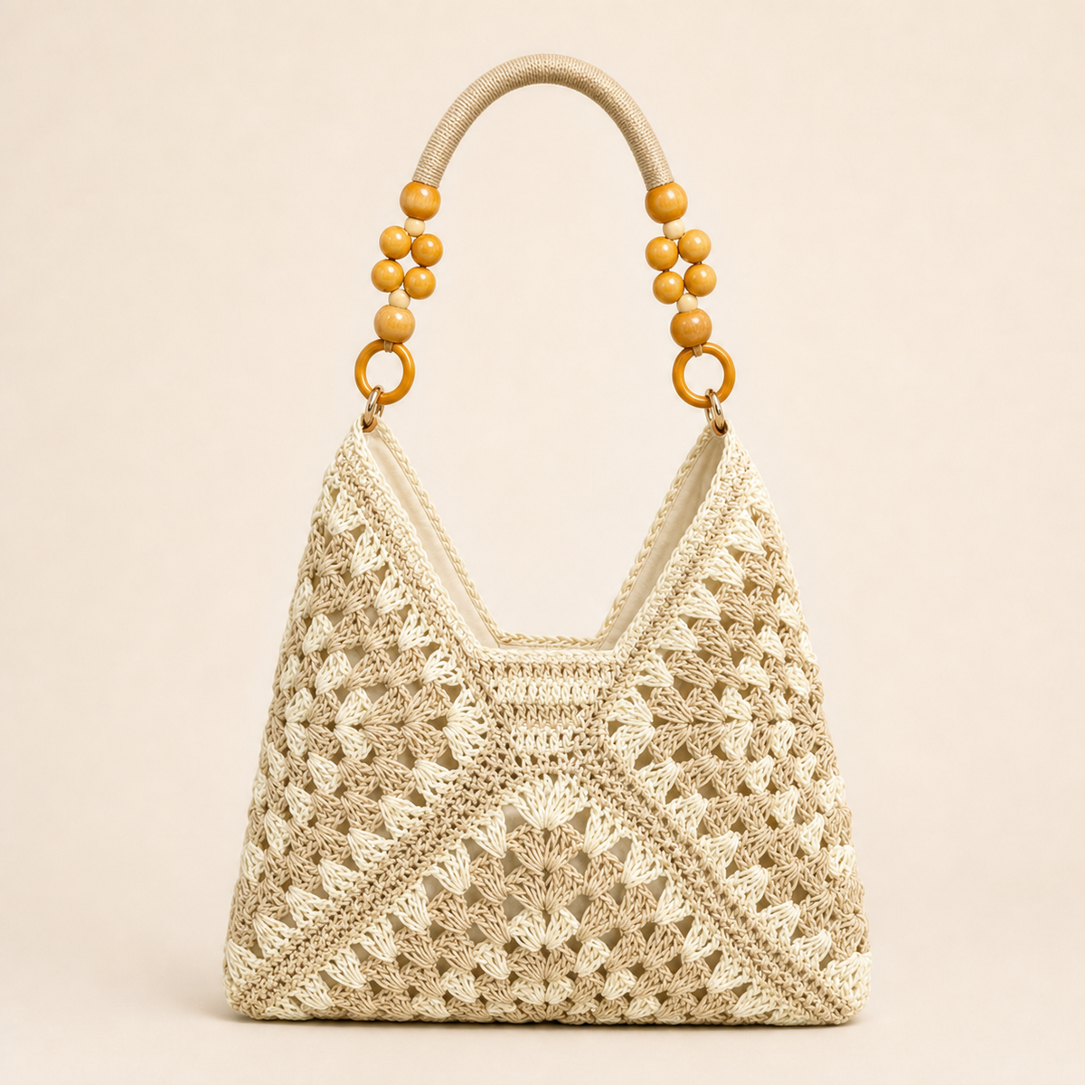 Handwoven Paper Yarn Hobo Bag with Wooden Bead Handle