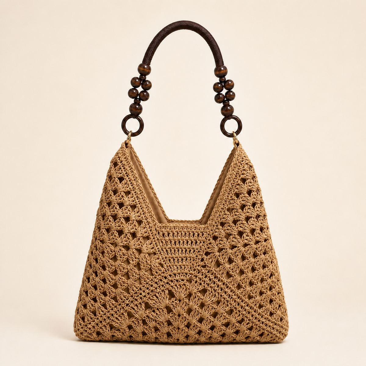Handwoven Paper Yarn Hobo Bag with Wooden Bead Handle