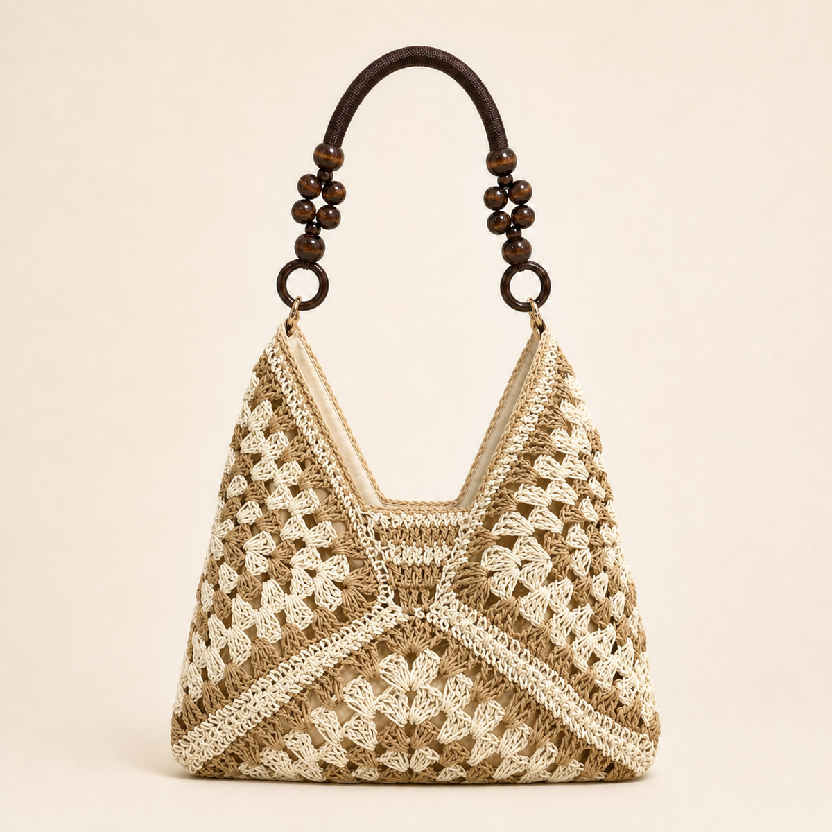 Handwoven Paper Yarn Hobo Bag with Wooden Bead Handle