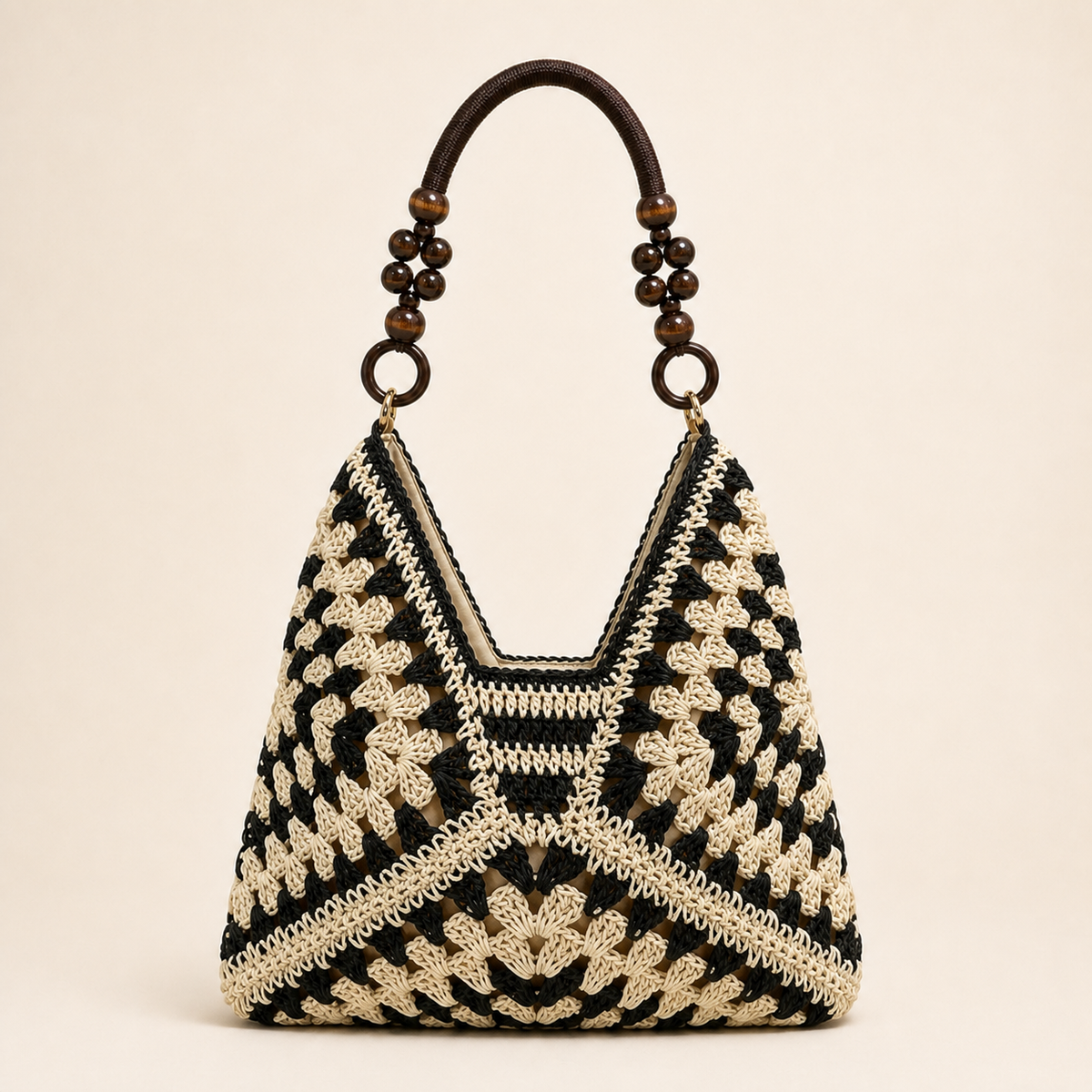 Handwoven Paper Yarn Hobo Bag with Wooden Bead Handle