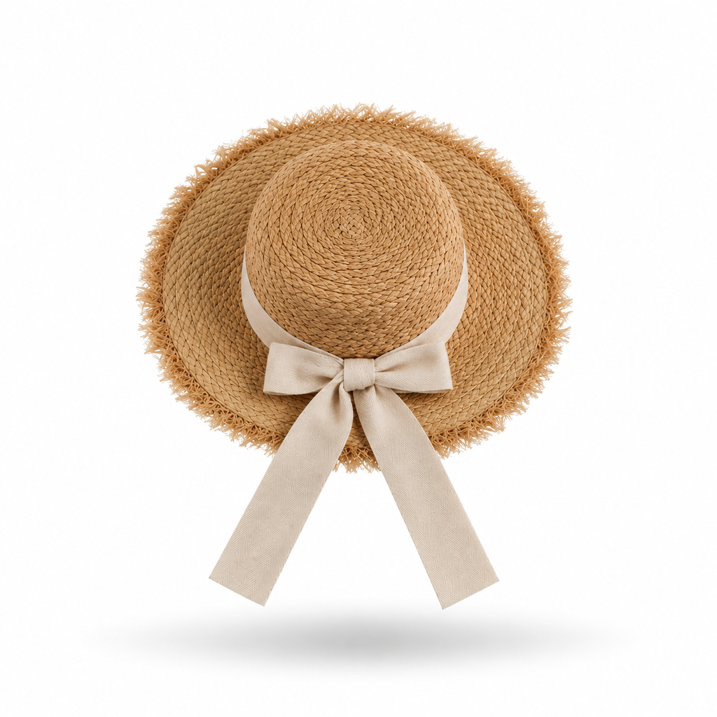 Girls' Raffia Straw Sun Hat with Frayed Brim and Bow
