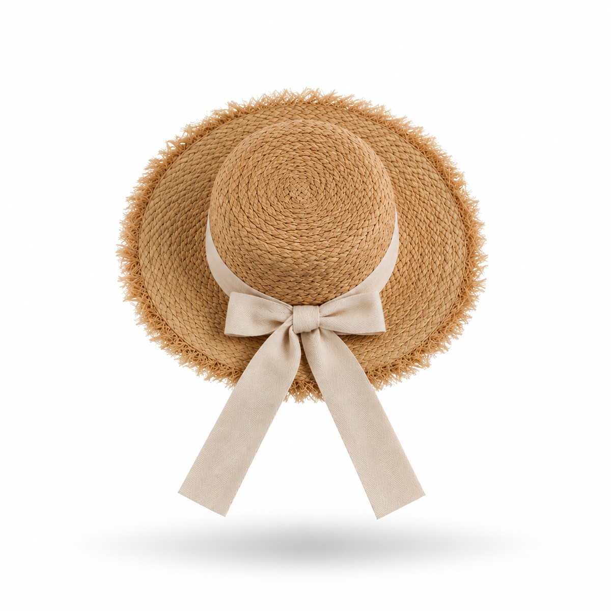 Girls' Raffia Straw Sun Hat with Frayed Brim and Bow