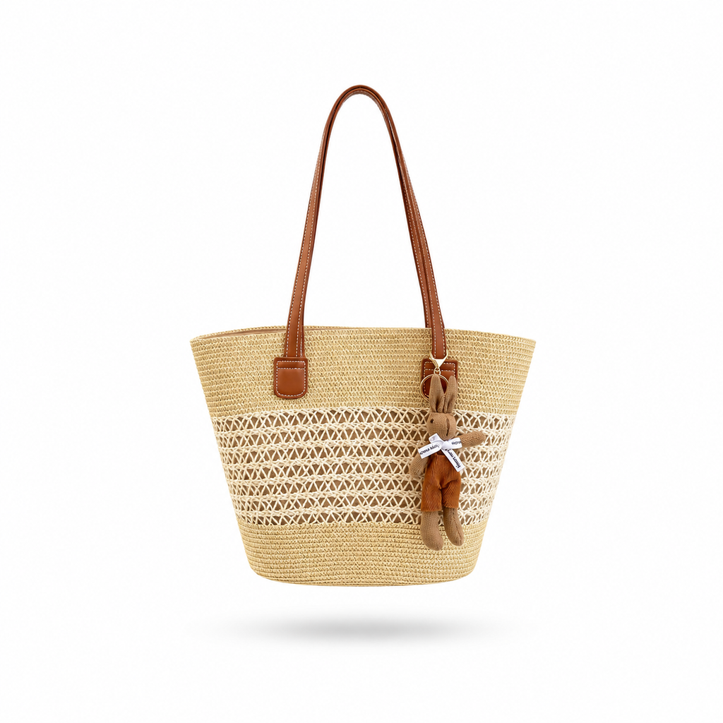French-Inspired Woven Beach Tote Bag with Bunny Charm