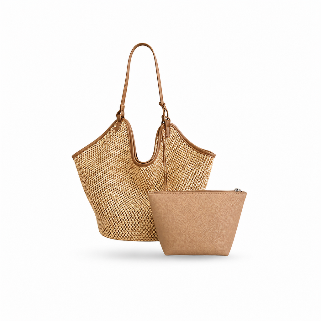 French-Inspired Large Woven Straw Tote Bag Set with PU Pouch